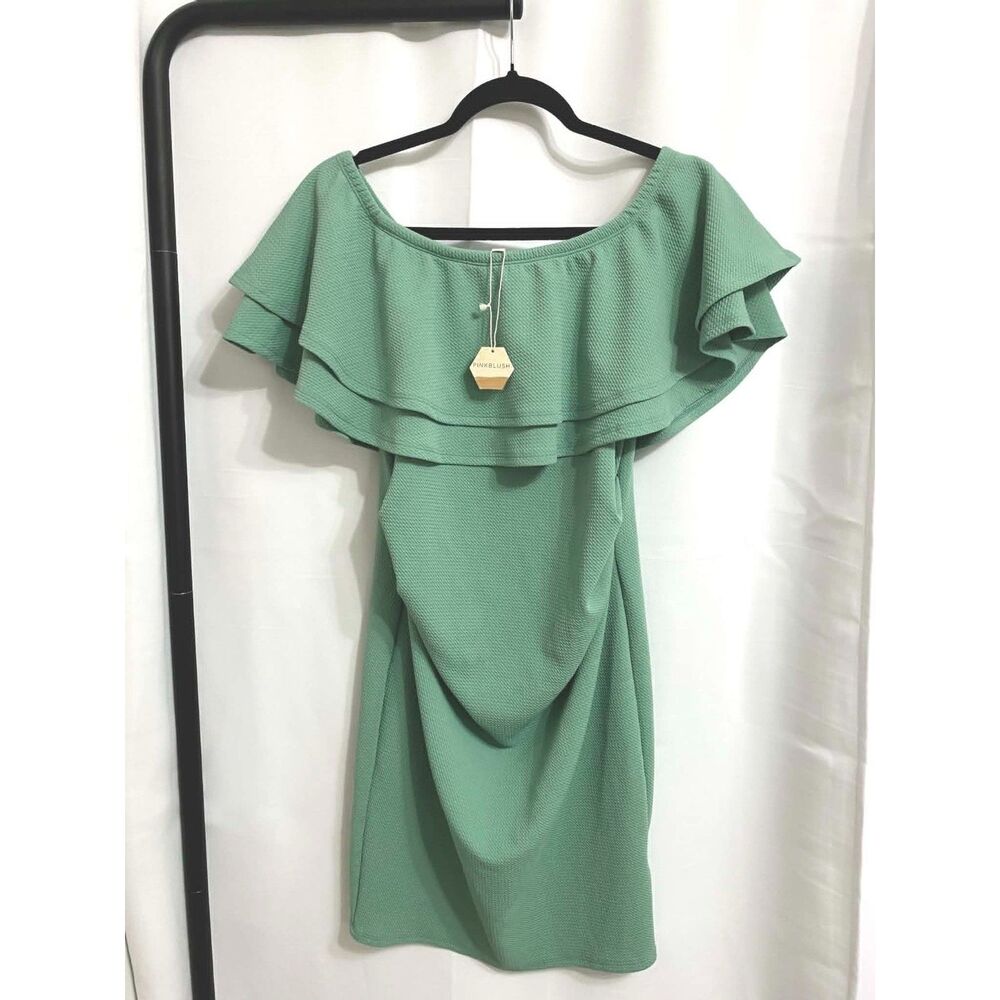 Pinkblush Maternity Sage Green Off Shoulder Ruffle Bodycon Dress Medium NWT